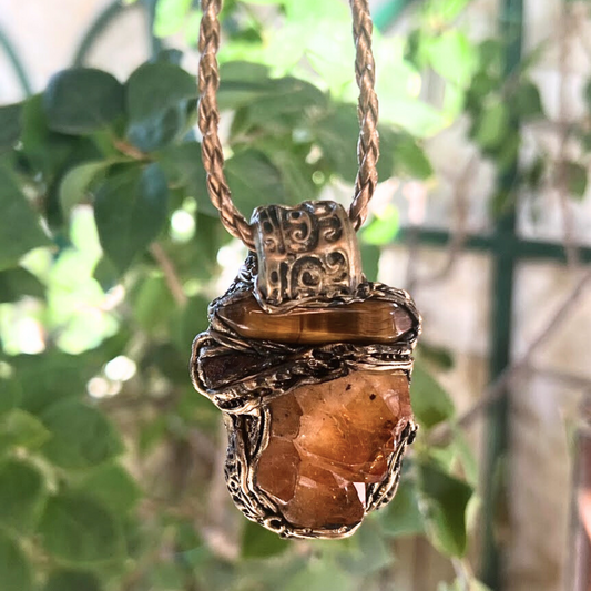 Citrine and Tiger Eye Raw Crystal Necklace, Good Luck Wealth Amulet