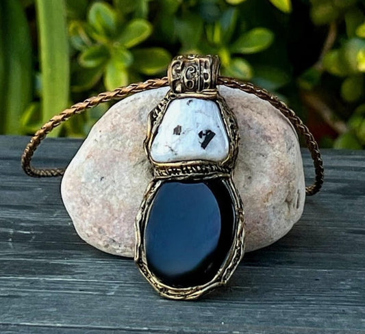 Black Onyx & Moonstone Tourmaline Empath Protection Crystal Amulet Necklace