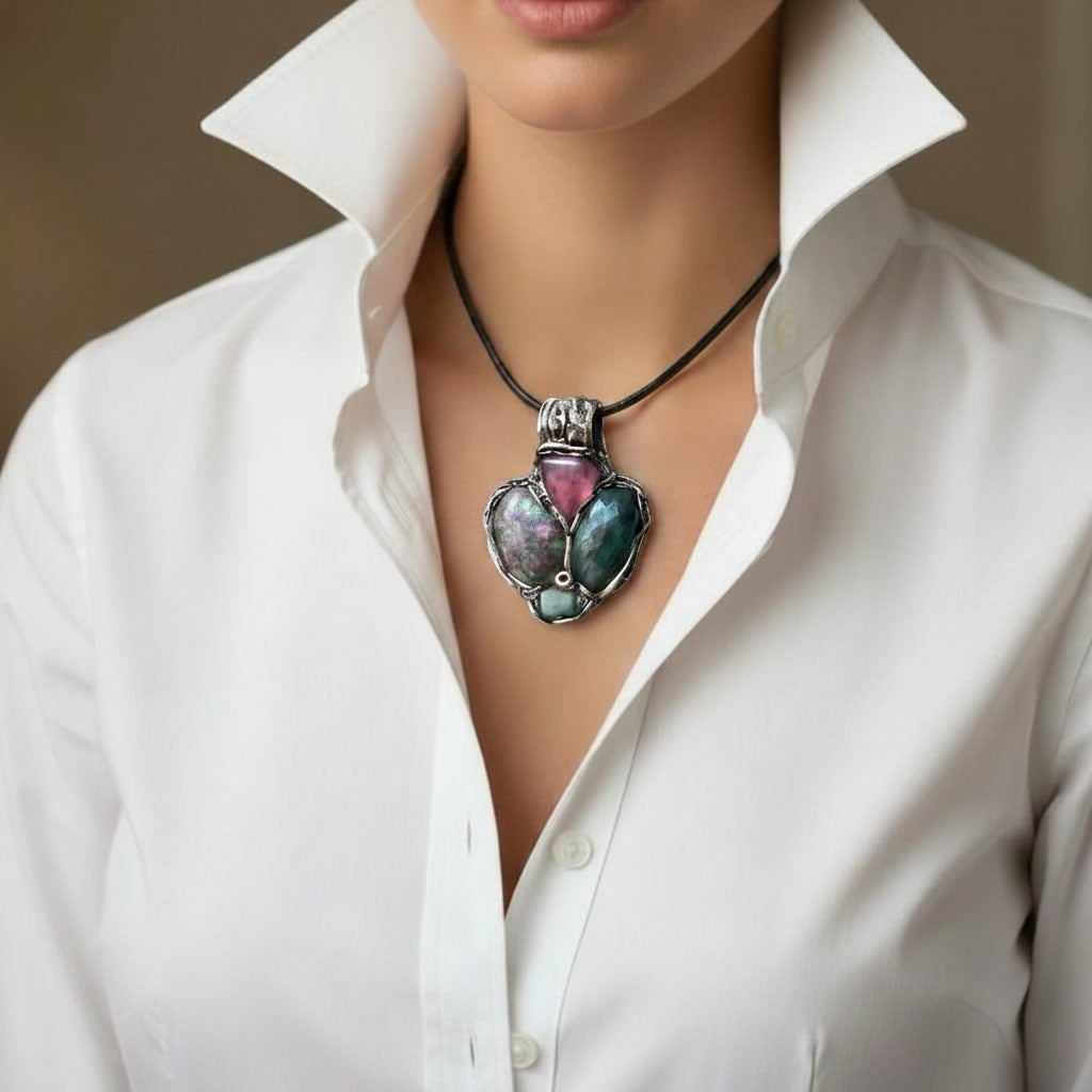 Ruby Zoisite, Jade and Cherry Quartz pendant necklace with natural pink and green gemstones, handcrafted one-of-a-kind crystal amulet.