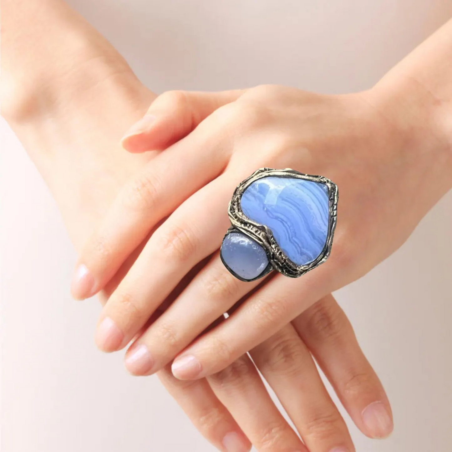 Blue Heart Ring with Agate & Chalcedony  - Statement Chunky Gemstone Jewelry