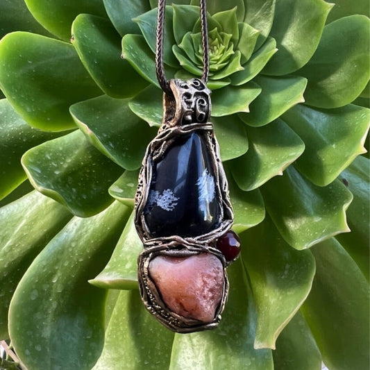 Snowflake Obsidian and Carnelian Raw Crystal Pendant Necklace, Large Stone Healing Amulet for Balance and Energy