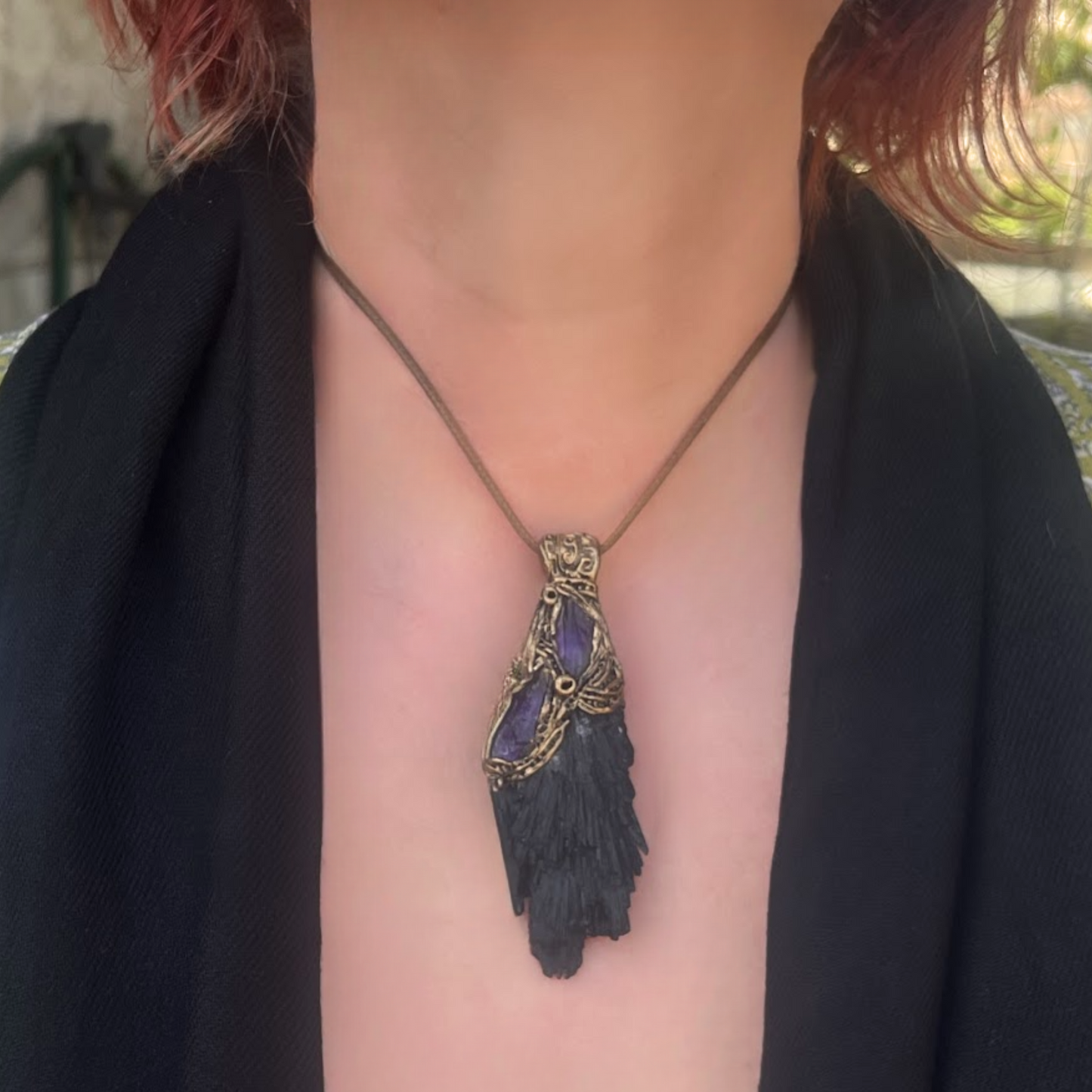 Raw Crystal Protection Amulet Pendant Necklace with Black Kyanite & Amethyst, spiritual gifts
