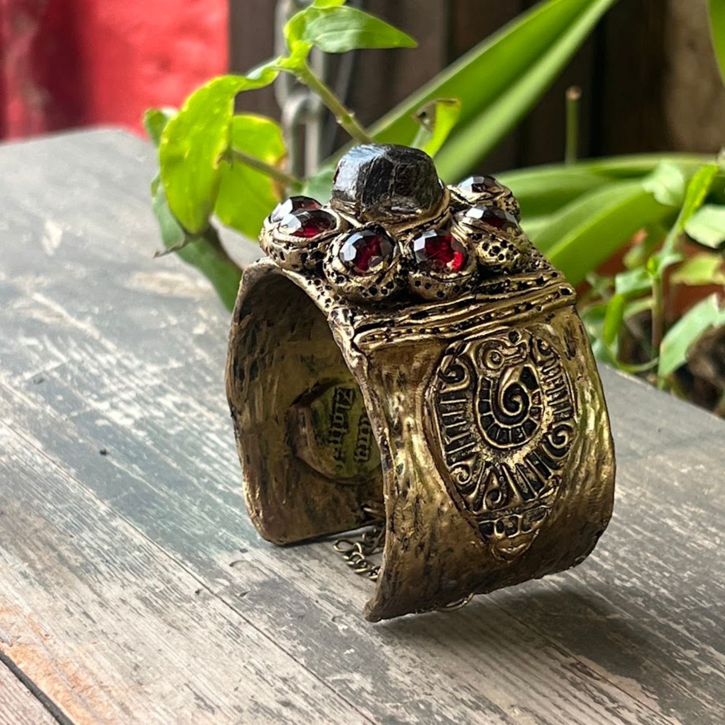 Raw Garnet Large Boho cuff bracelet, unique gift for her