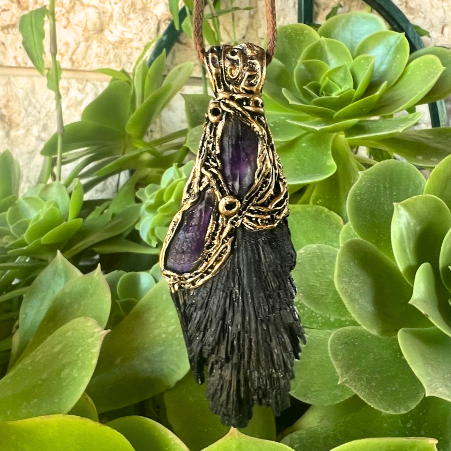 Raw Crystal Protection Amulet Pendant Necklace with Black Kyanite & Amethyst, spiritual gifts