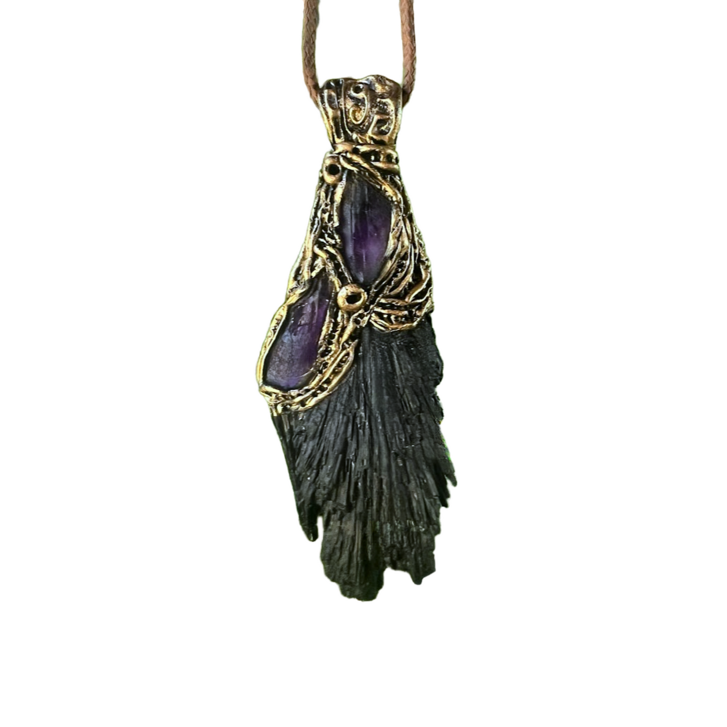 Raw Crystal Protection Amulet Pendant Necklace with Black Kyanite & Amethyst, spiritual gifts