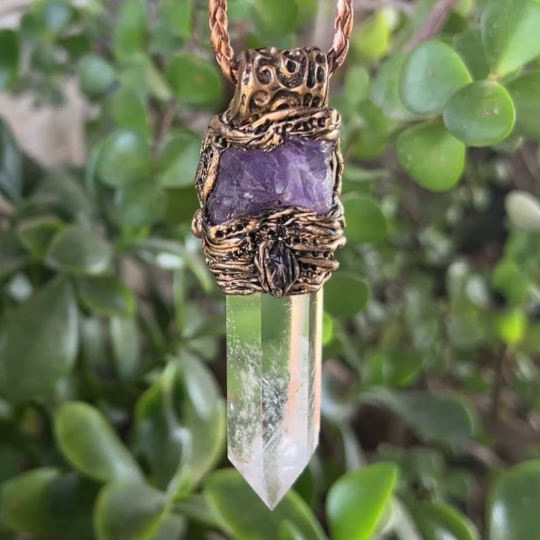 Empath Protection Necklace with Clear Quartz & Amethyst - Raw Crystal Amulet for Spiritual Gifts