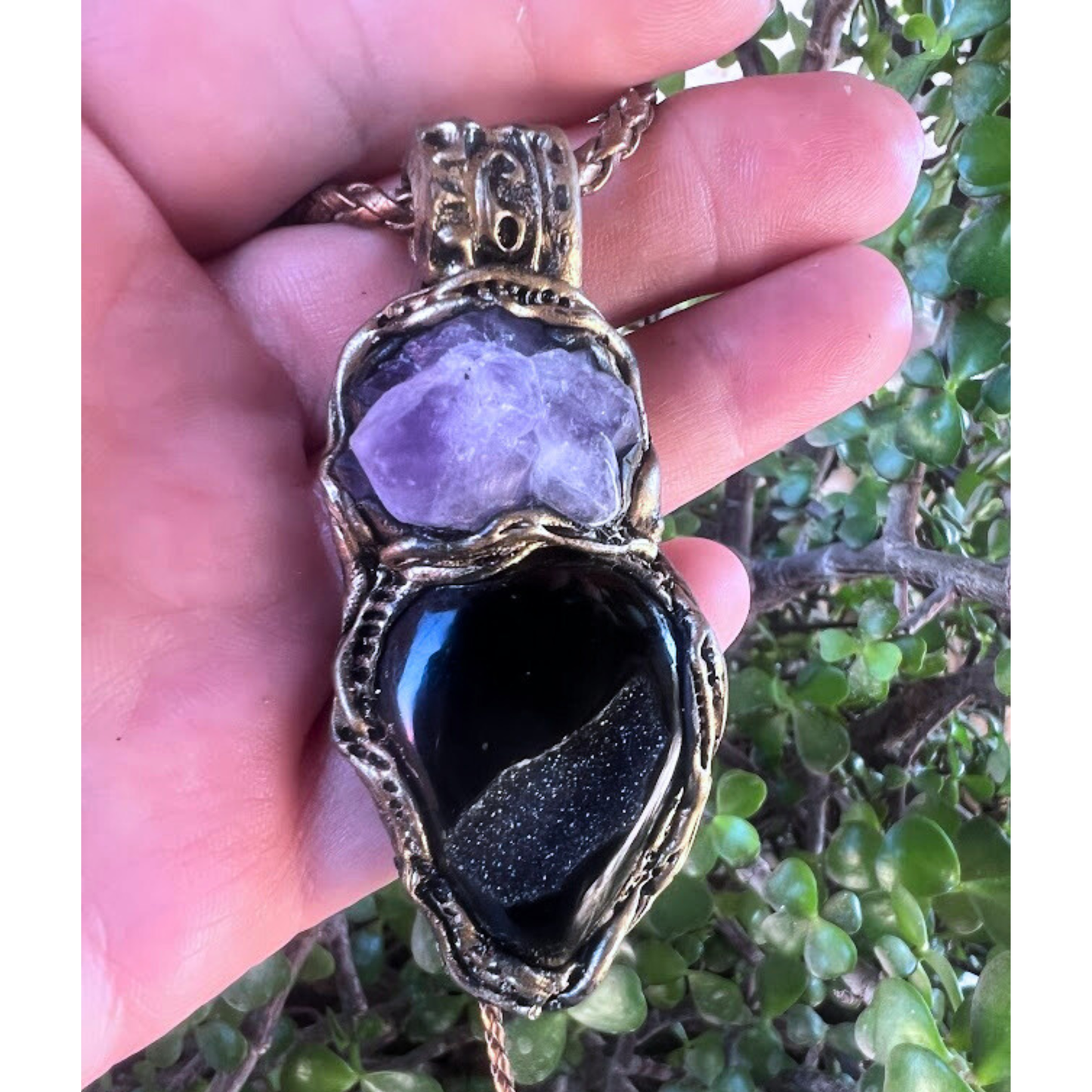 Amethyst and Druzy Onyx Pendant Necklace – Healing Crystal Amulet