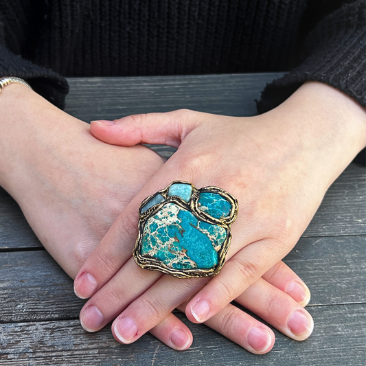 Turquoise Blue Jasper Large Stone Chunky Ring, Oversized Cocktail Ring