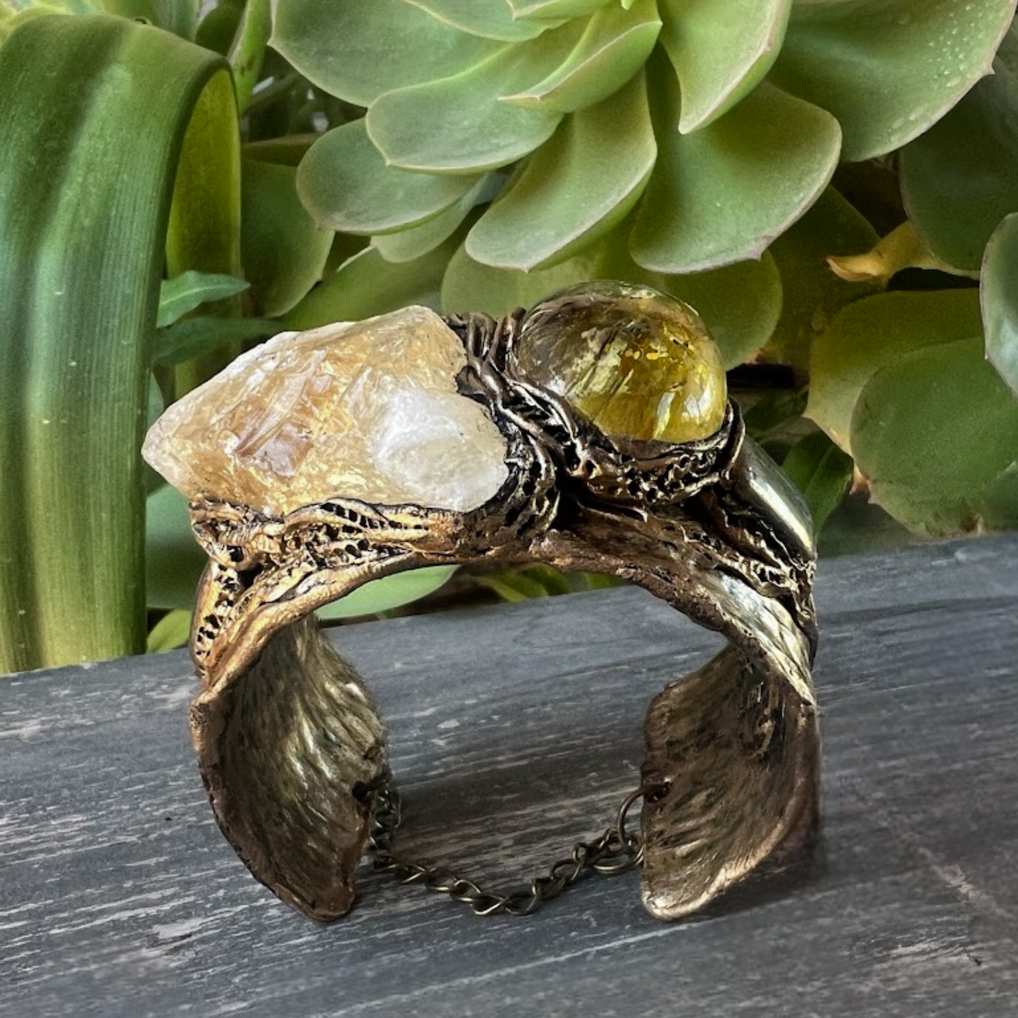Citrine Crystal Cuff Bracelet with Pyrite - Statement Chunky Gemstone Jewelry