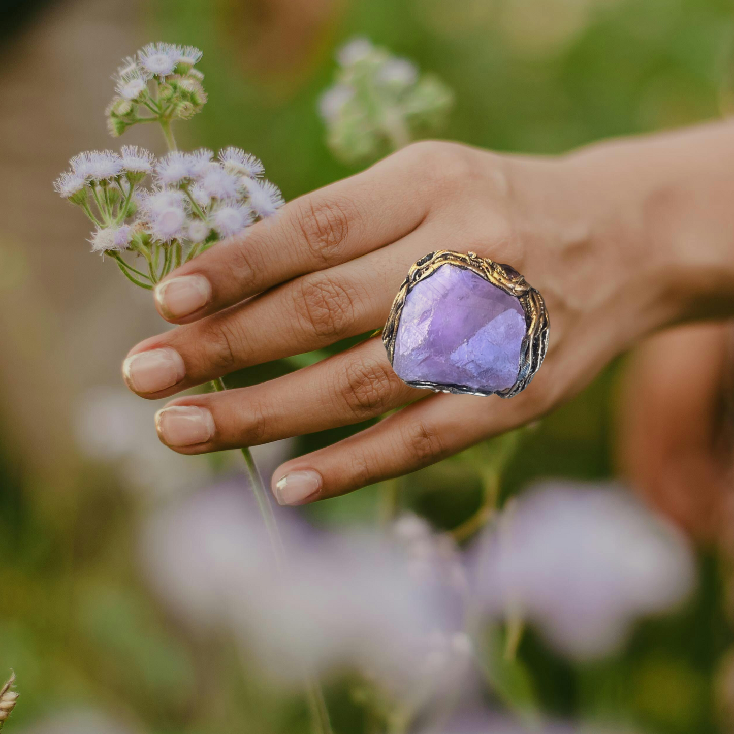 Amethyst Crystal Chunky Ring - Bohemian Statement Cocktail Jewelry, Unique Cocktail Ring