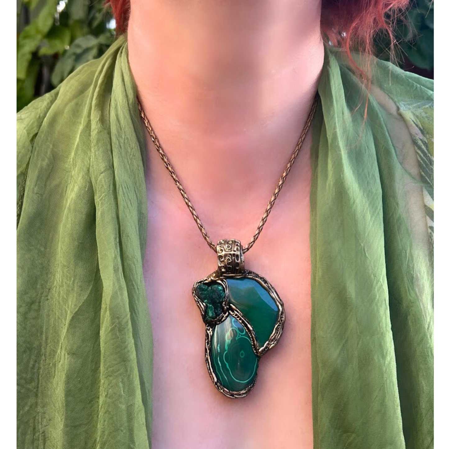 Raw Malachite & Agate Green Large Stone Amulet Necklace