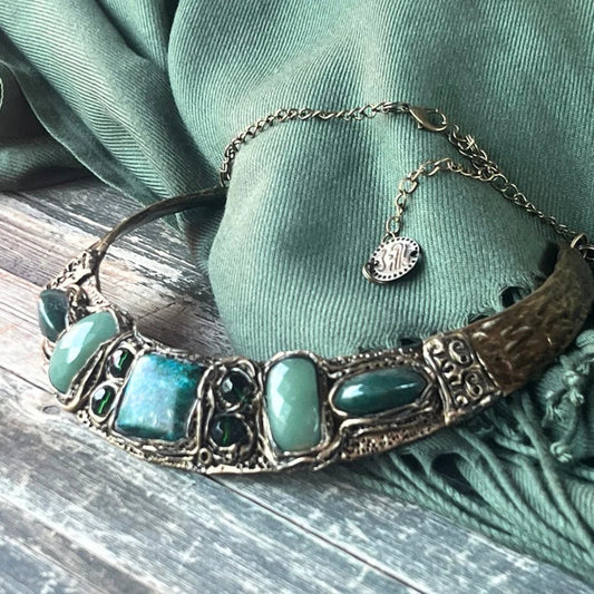 Chunky Green Crystal Collar Necklace with Aventurine, Chrysocolla, and Agate