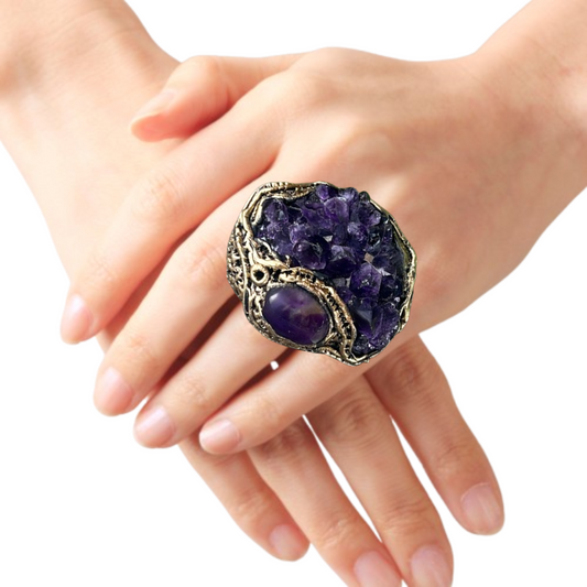 Chunky Raw Crystal Amethyst Cocktail Ring - Statement Jewelry