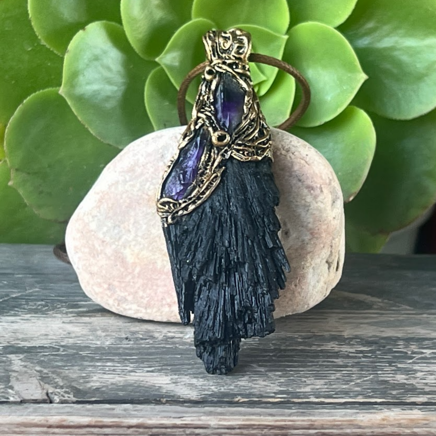 Raw Crystal Protection Amulet Pendant Necklace with Black Kyanite & Amethyst, spiritual gifts