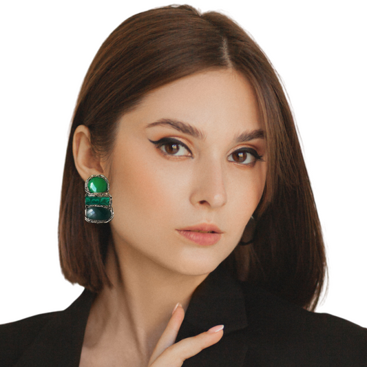 Malachite & Jade Green Earrings, Gemstone Statement Clip On