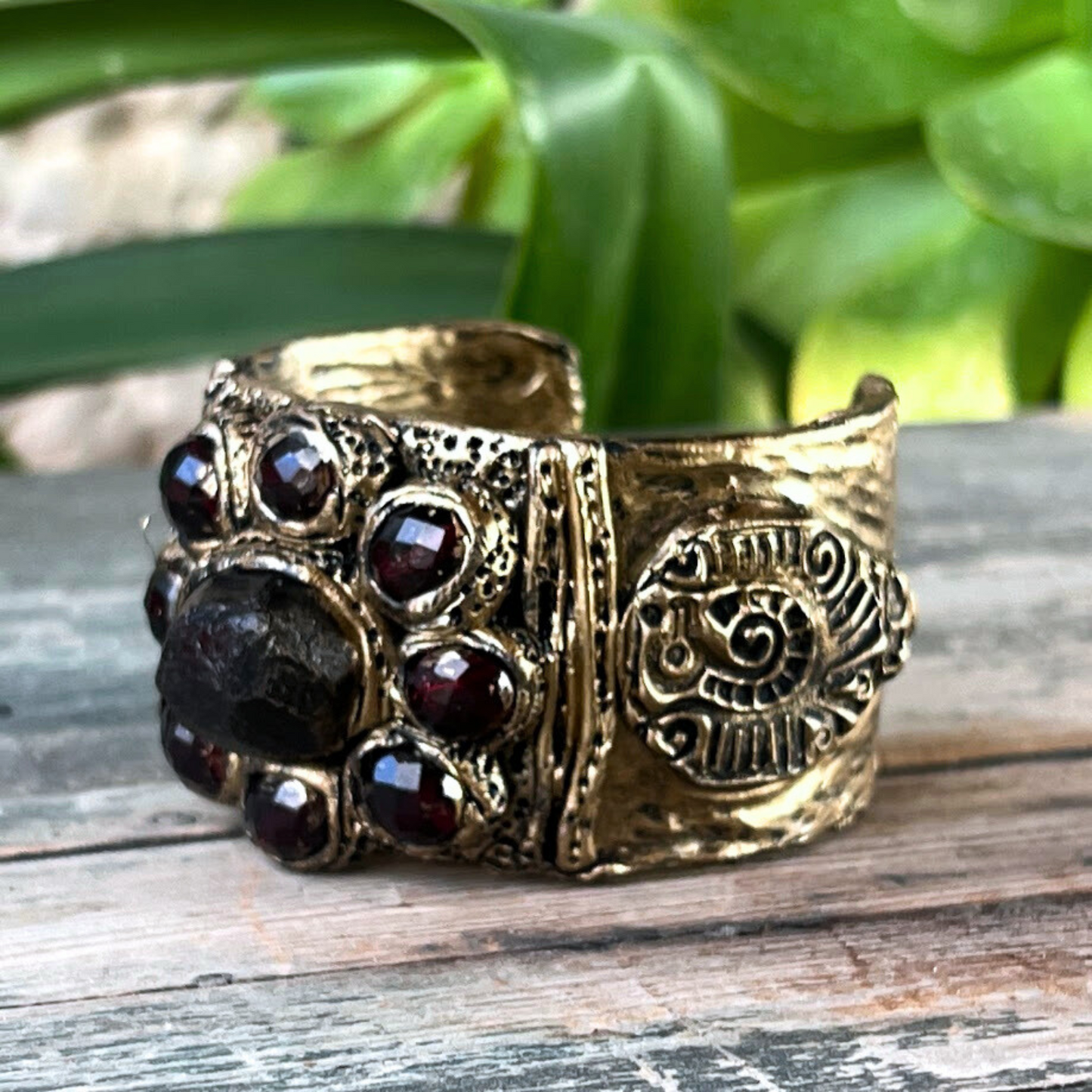 Raw Garnet Large Boho cuff bracelet, unique gift for her