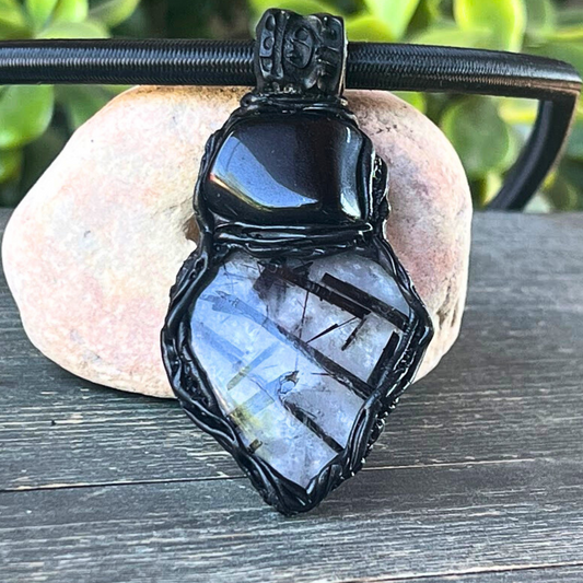 Tourmaline Quartz and Black Onyx Gemstone Pendant Necklace