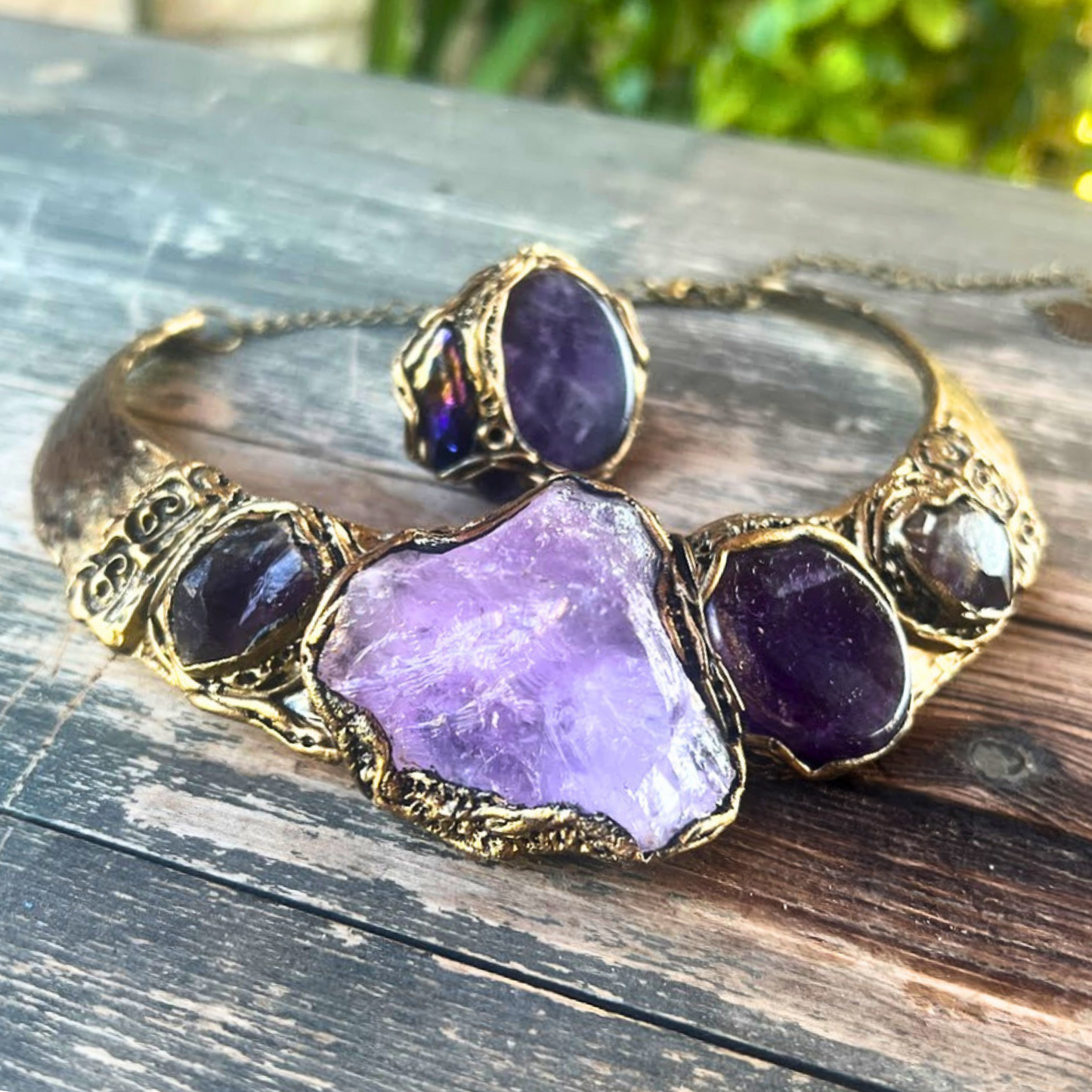 Amethyst Choker Collar Purple Necklace, Chunky Raw Crystal Necklace