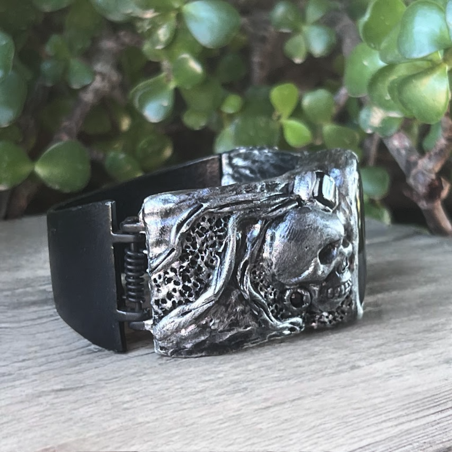 Gothic Skull Wide Cuff Onyx Bracelet