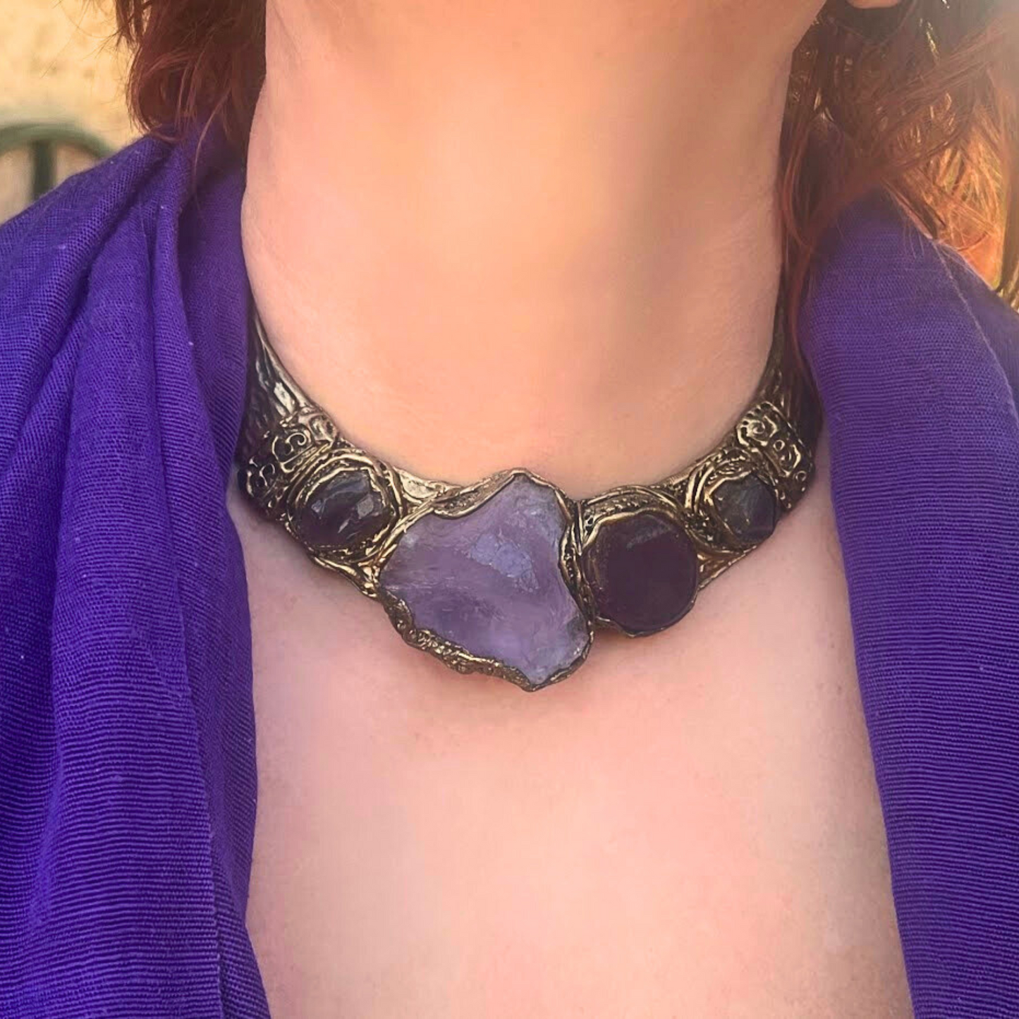 Amethyst Choker Collar Purple Necklace, Chunky Raw Crystal Necklace