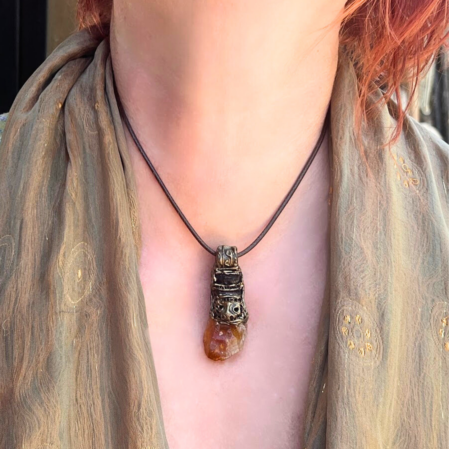 Citrine and Carnelian raw crystal pendant necklace, Good Luck Wealth amulet