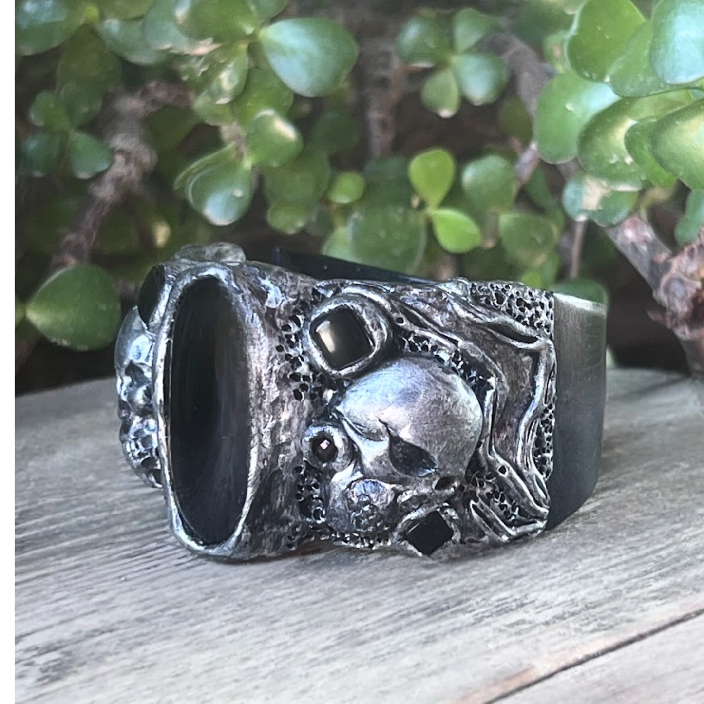 Gothic Skull Wide Cuff Onyx Bracelet