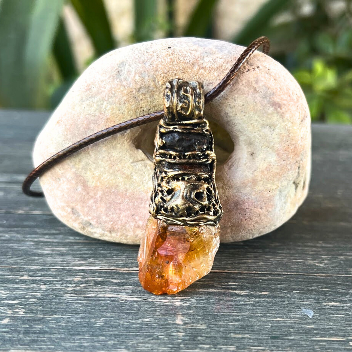 Citrine and Carnelian raw crystal pendant necklace, Good Luck Wealth amulet