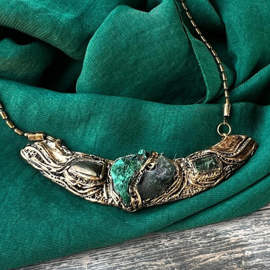 Green Gemstone Raw Emerald Necklace with Malachite & Epidote