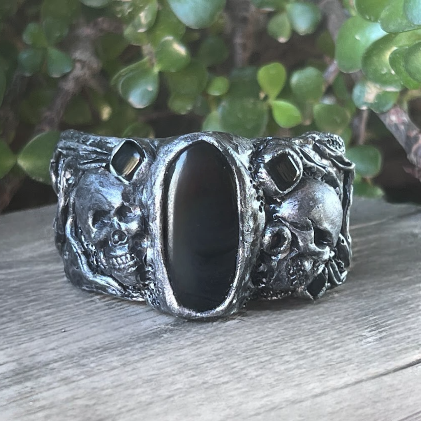 Gothic Skull Wide Cuff Onyx Bracelet