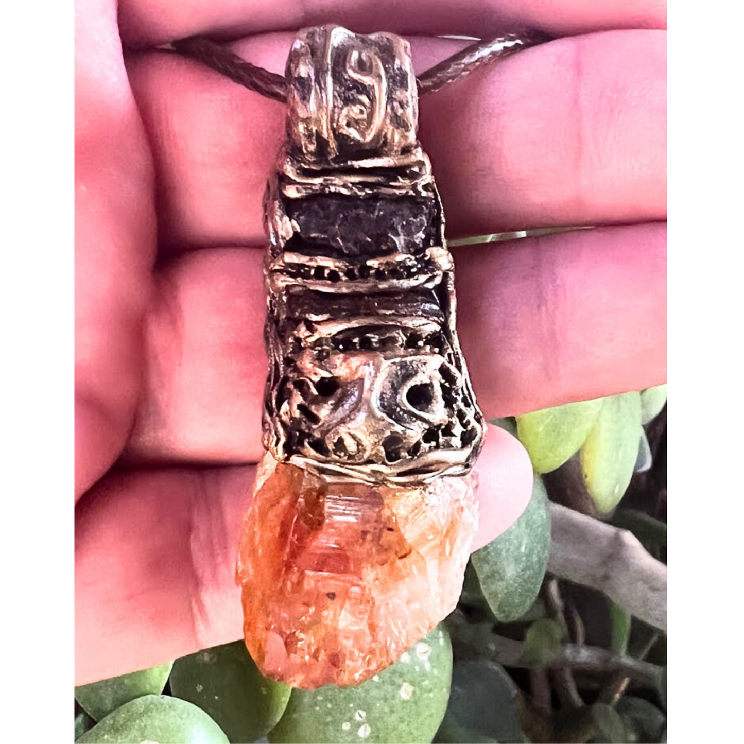 Citrine and Carnelian raw crystal pendant necklace, Good Luck Wealth amulet