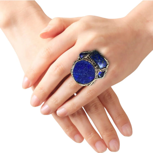 Chunky Lapis Lazuli Big Stone Ring, Blue Large Cocktail Ring