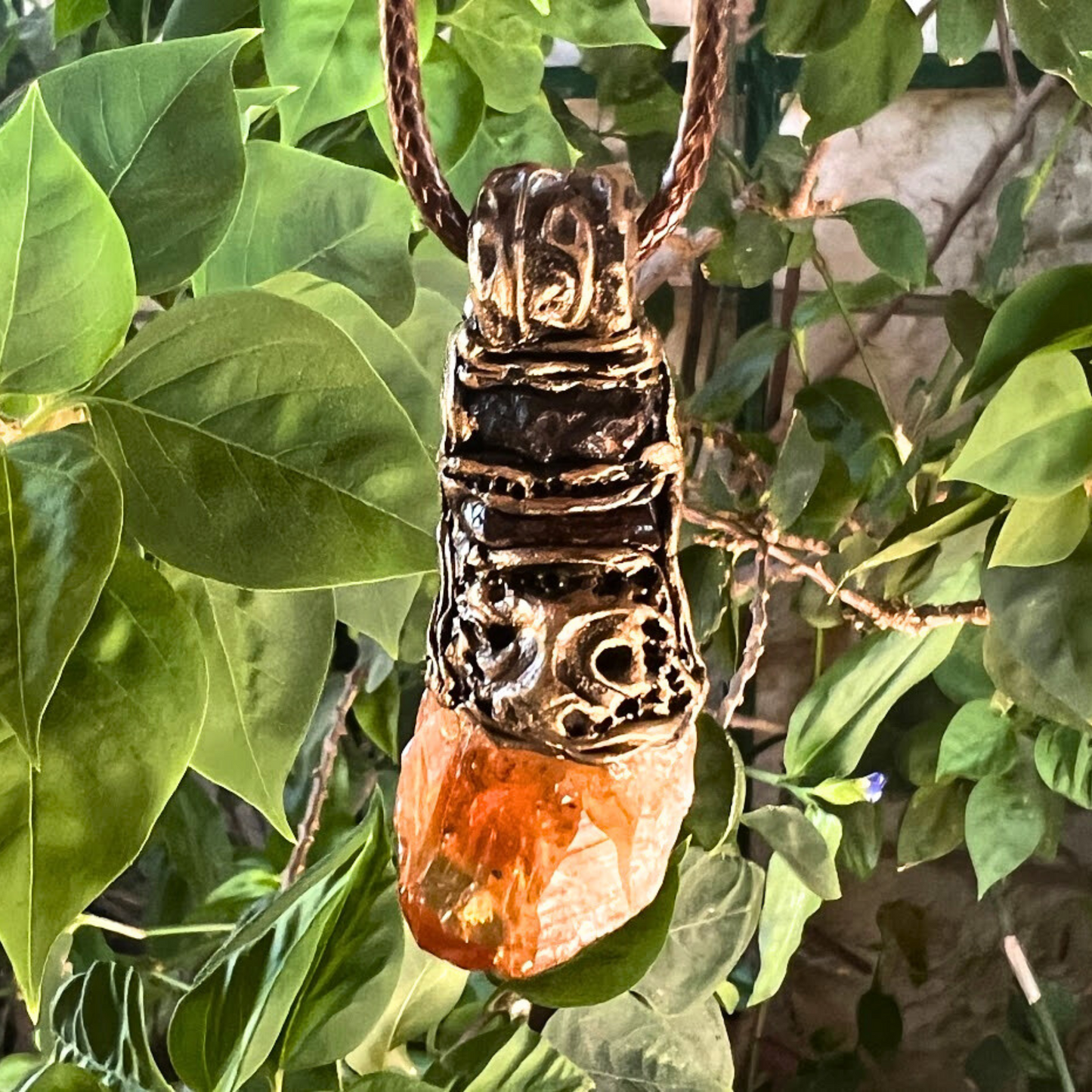 Citrine and Carnelian raw crystal pendant necklace, Good Luck Wealth amulet