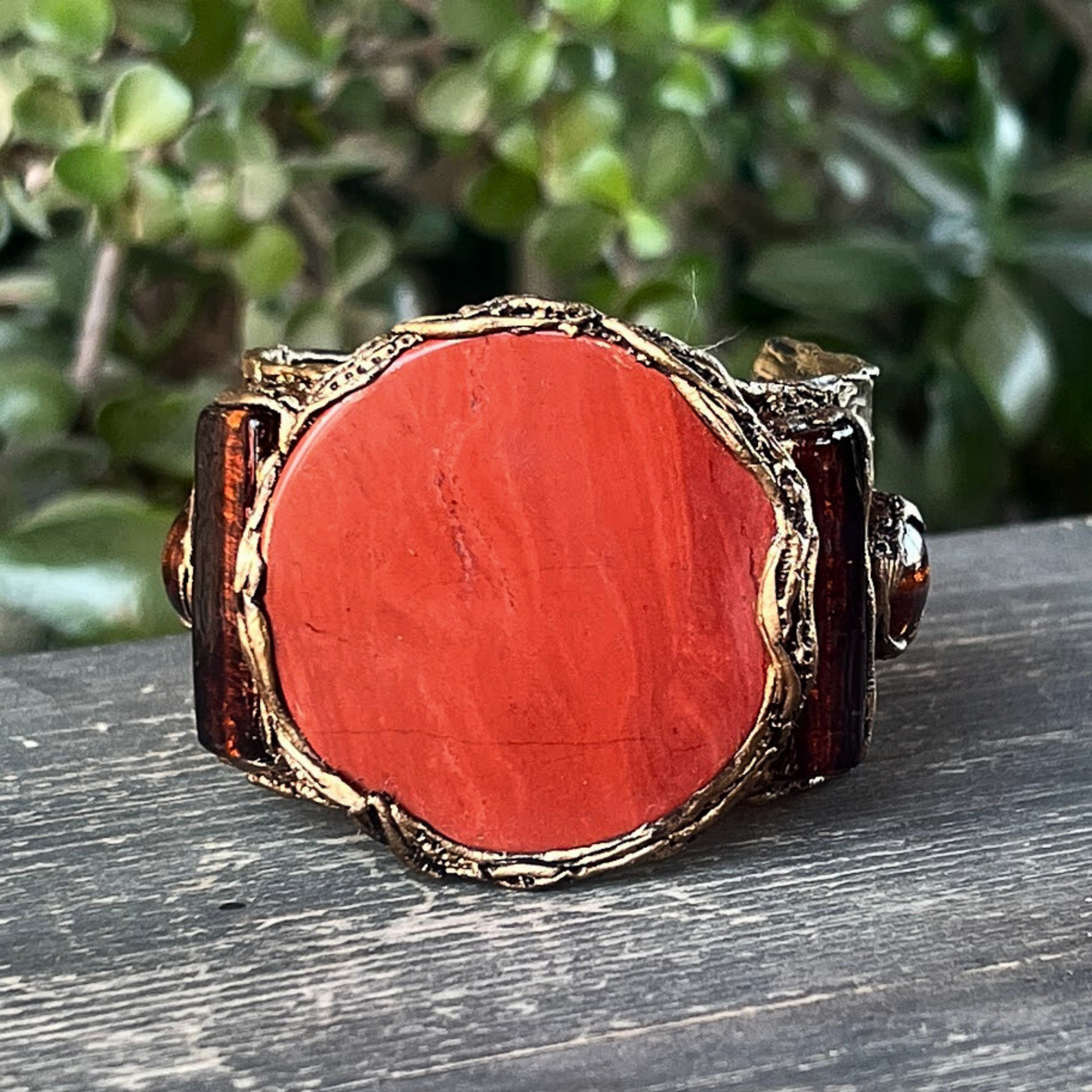 Red Jasper and Murano Glass Statement Cuff Bracelet, Chunky Boho Healing Crystal Bracelet