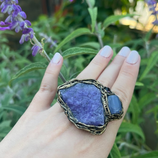 Chunky purple crystal ring with Chalcedony & Quartz