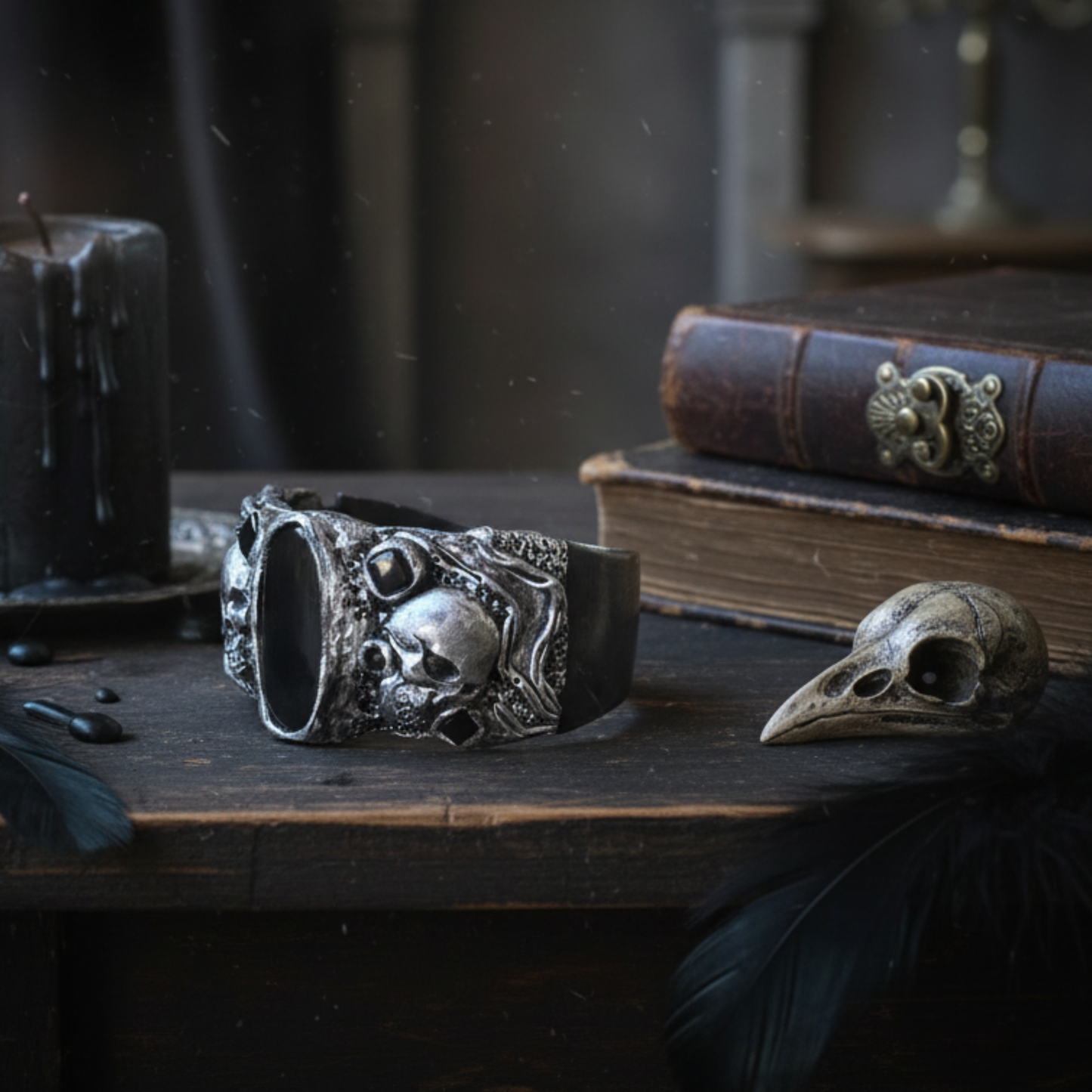 Gothic Skull Wide Cuff Onyx Bracelet
