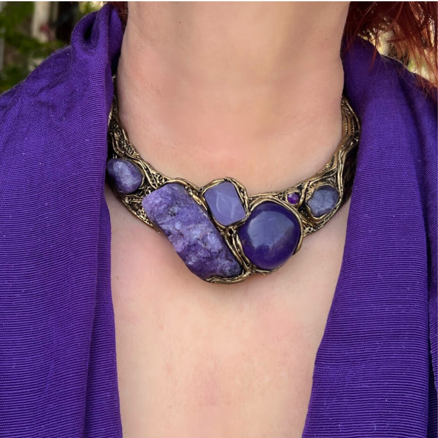 Purple Gemstone chunky necklace, Choker collar with Quartz, Agate and Chalcedony