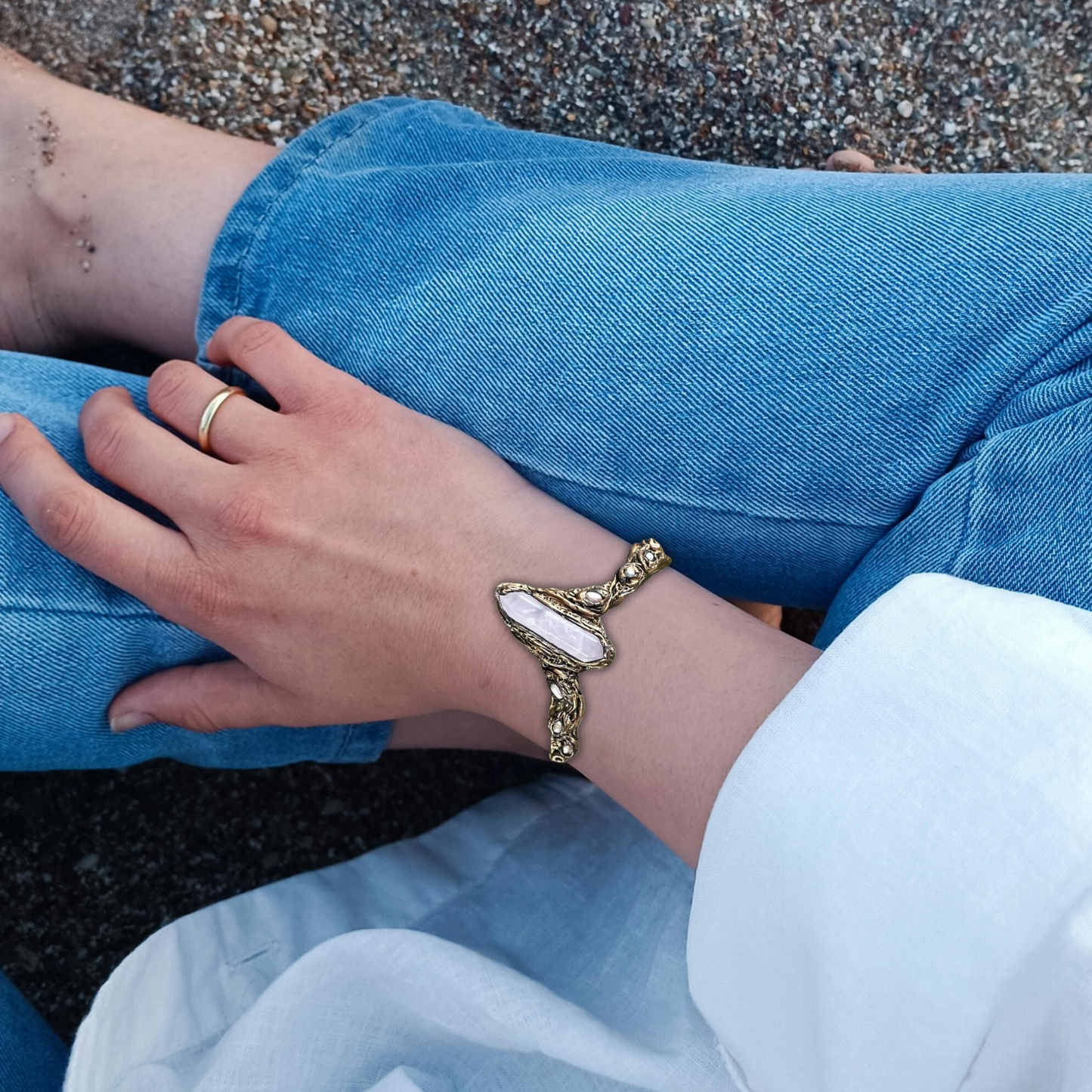 Rose Quartz Pearls Cuff Bracelet - Healing Crystal Jewelry for Women