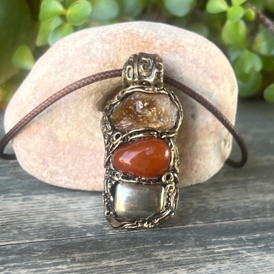 Raw Citrine, Pyrite, and Carnelian Good Luck Pendant Necklace, Raw Crystal Wealth Amulet