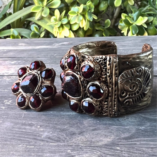 Raw Garnet Large Boho cuff bracelet, unique gift for her