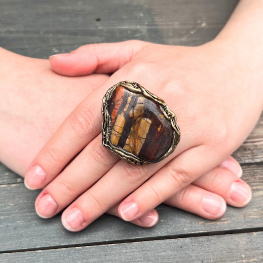 Chunky Tiger Iron Jasper Big Stone Ring, Statement Large Cocktail Ring of Bold Elegance