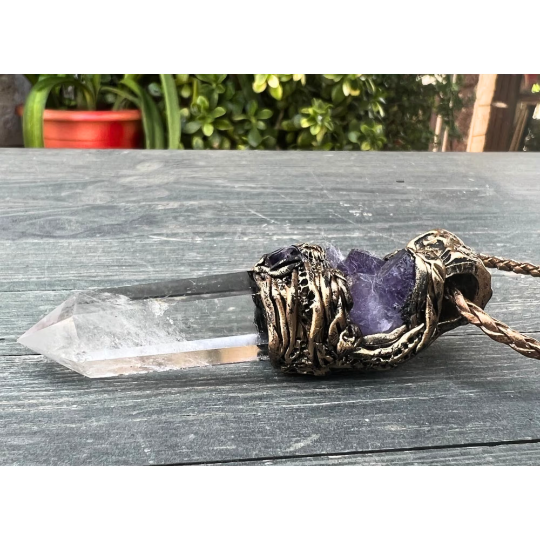 Empath Protection Necklace with Clear Quartz & Amethyst - Raw Crystal Amulet for Spiritual Gifts