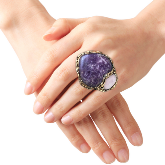 Chunky Charoite & Rose Quartz Ring, Purple and Pink Statement Gemstone Ring