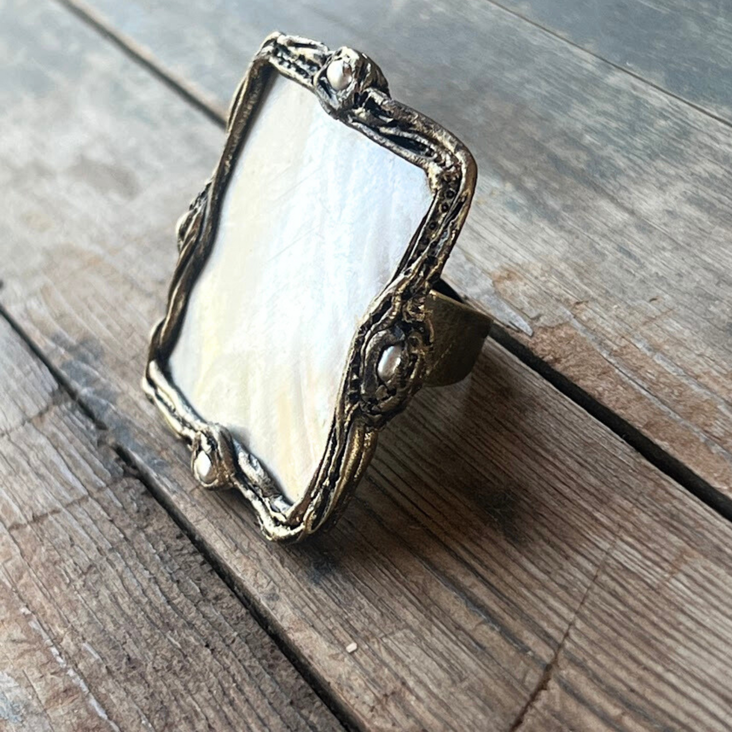 Mother of Pearl White Cocktail Chunky Ring, Bohemian Jewelry Gift for Her