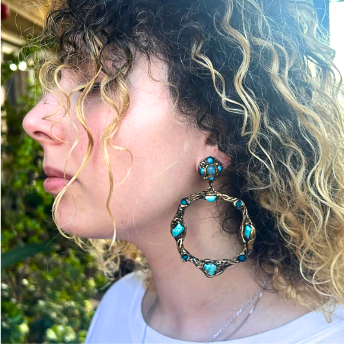 Turquoise Circle Earrings - Oversized Hoop Statement