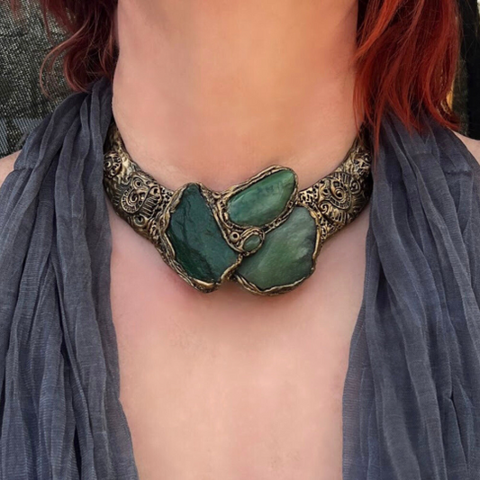 Green Aventurine & Buddstone chunky necklace, choker collar, raw stone necklace