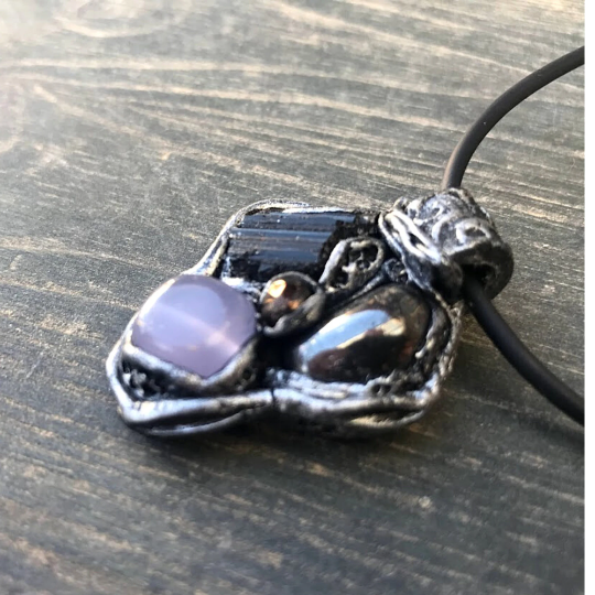 Black Tourmaline, Hematite and Chalcedony protection amulet necklace