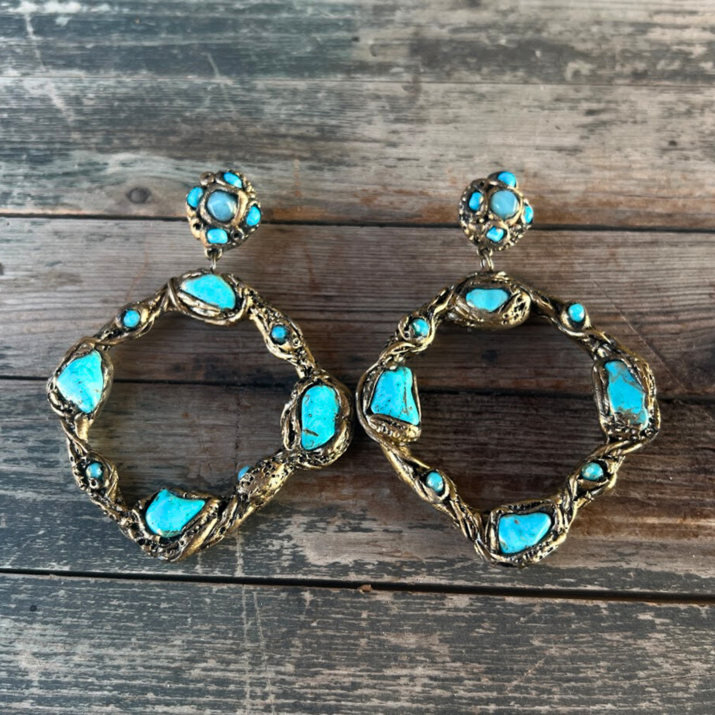 Boho Blue Turquoise Raw Stone Large Hoop Stud Earrings, Big Huge Statement Bold Fashion Earrings