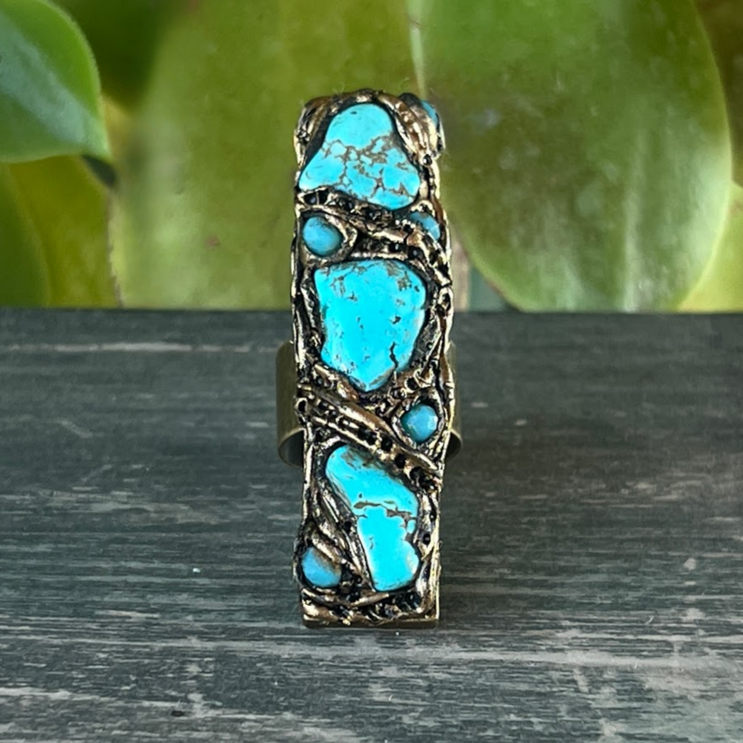 Turquoise Statement Ring - Chunky Cocktail Jewelry, Full Finger 3 Stone