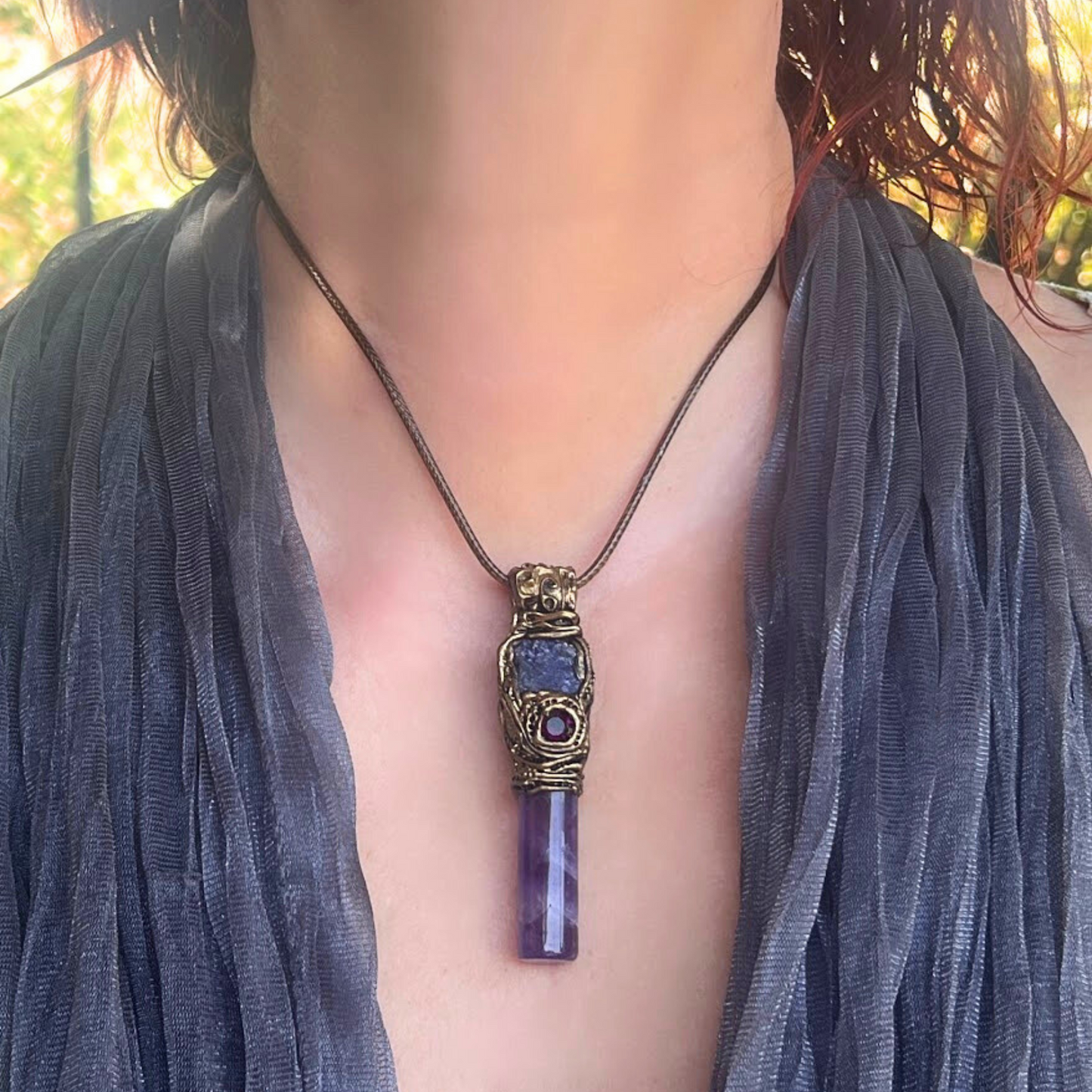 Amethyst and Tanzanite Pendant Necklace - Raw Crystal Protection Amulet for Spiritual Gifts