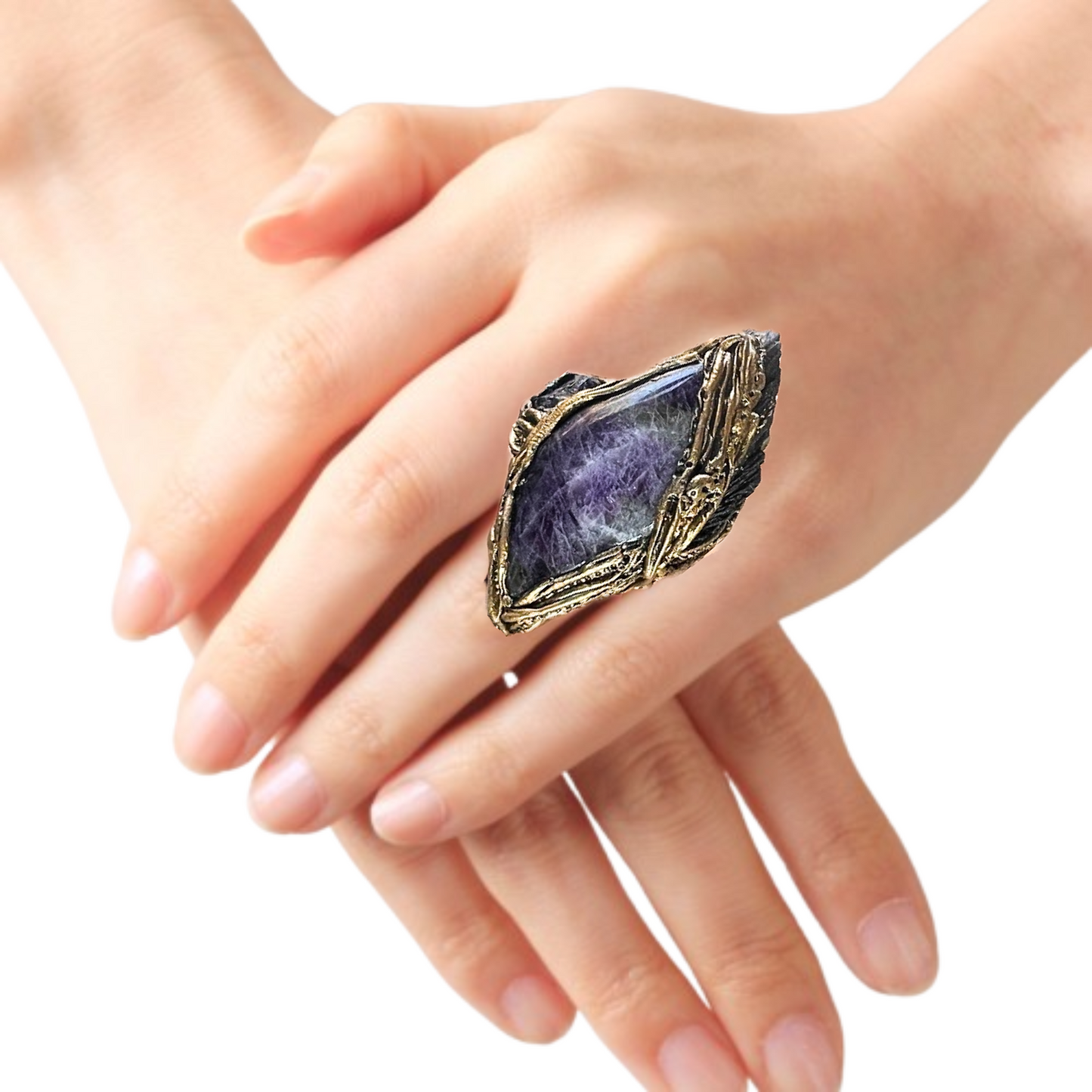 Chunky Black Kyanite & Amethyst Ring – Extravagant Unique Statement Jewelry